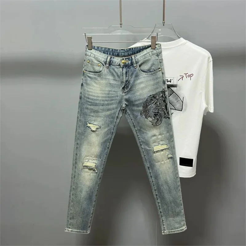 

Heavy Du Tiger Head Rhinestone Men's Jeans High Elastici Hole Summer Faionable European Sle Denim Pants Wear Resistan...