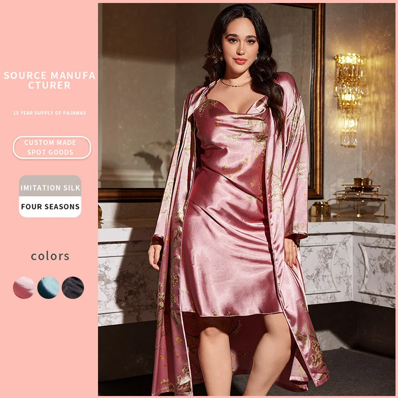 

European and American Style Plus Size Women's Four Seasons Homewear Lace-Up Nightgown -Piece Set Thin Outerwear Long Nightdress