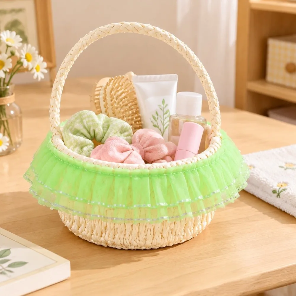 Mini Wedding Handhold Weaving Flower Basket with Handles Imitation Vine PE Braid Storage Baskets 6Colors Lace Hand Basket