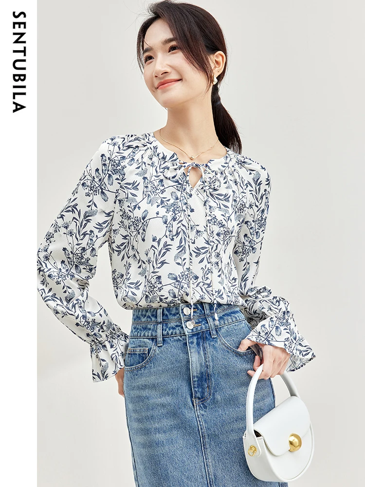 

SENTUBILA Tie Round Neck Print Chiffon Blouse Tops for Women 2023 Elegant Loose Long Flare Sleeve Shirts & Blouses 133V51660