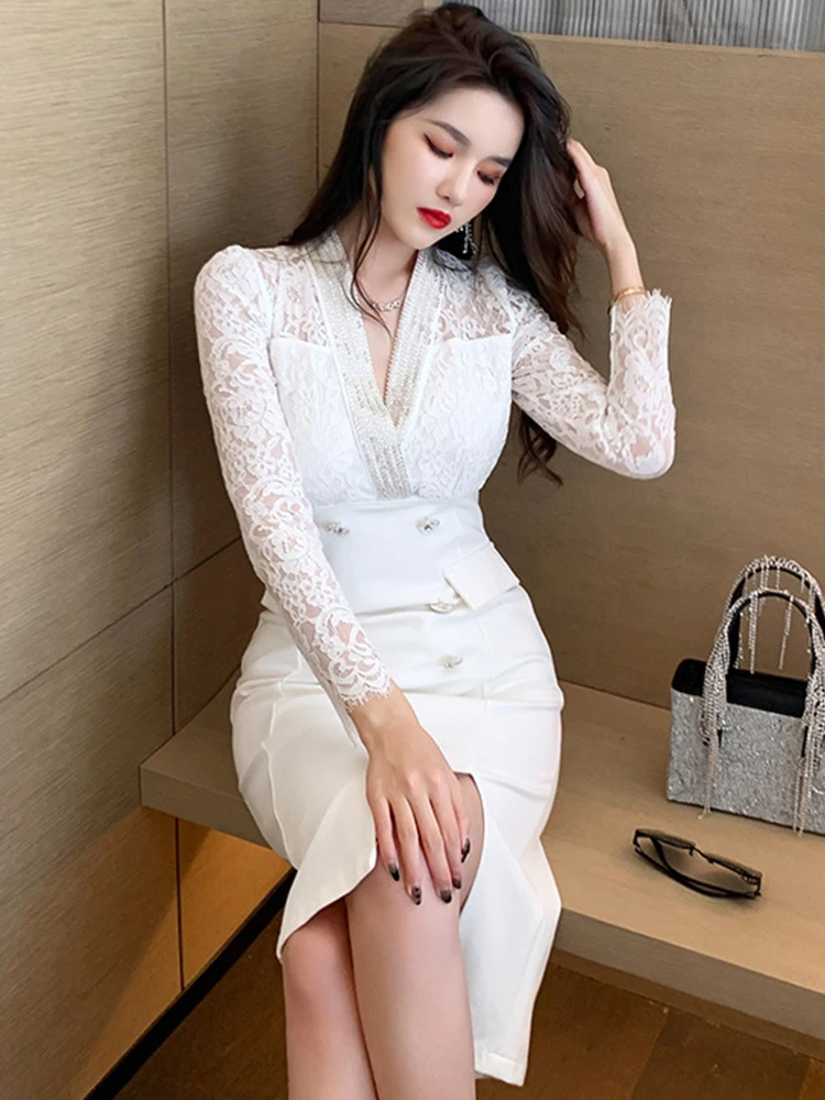 2023 Elegant Luxury White Dresses for Women Sheer Lace Embroidery Spliced Double Breasted Slit Lady Clothes Party Office Vestido