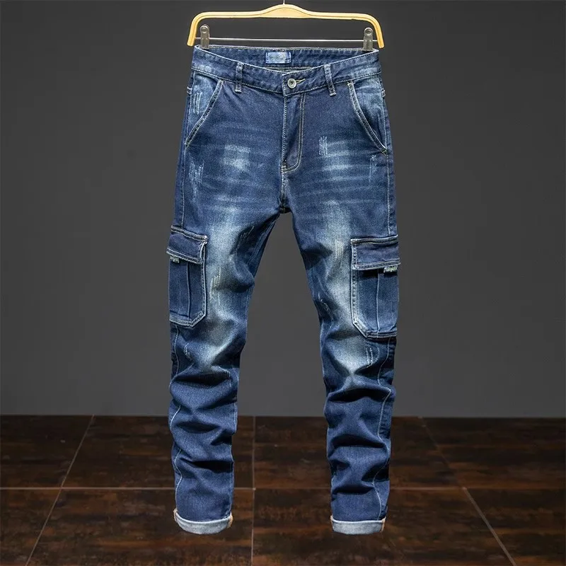 New autumn and winter models Men's blue stretch jeans Direct and stylish loose multi-pocket jeans for men Large size 28-44
