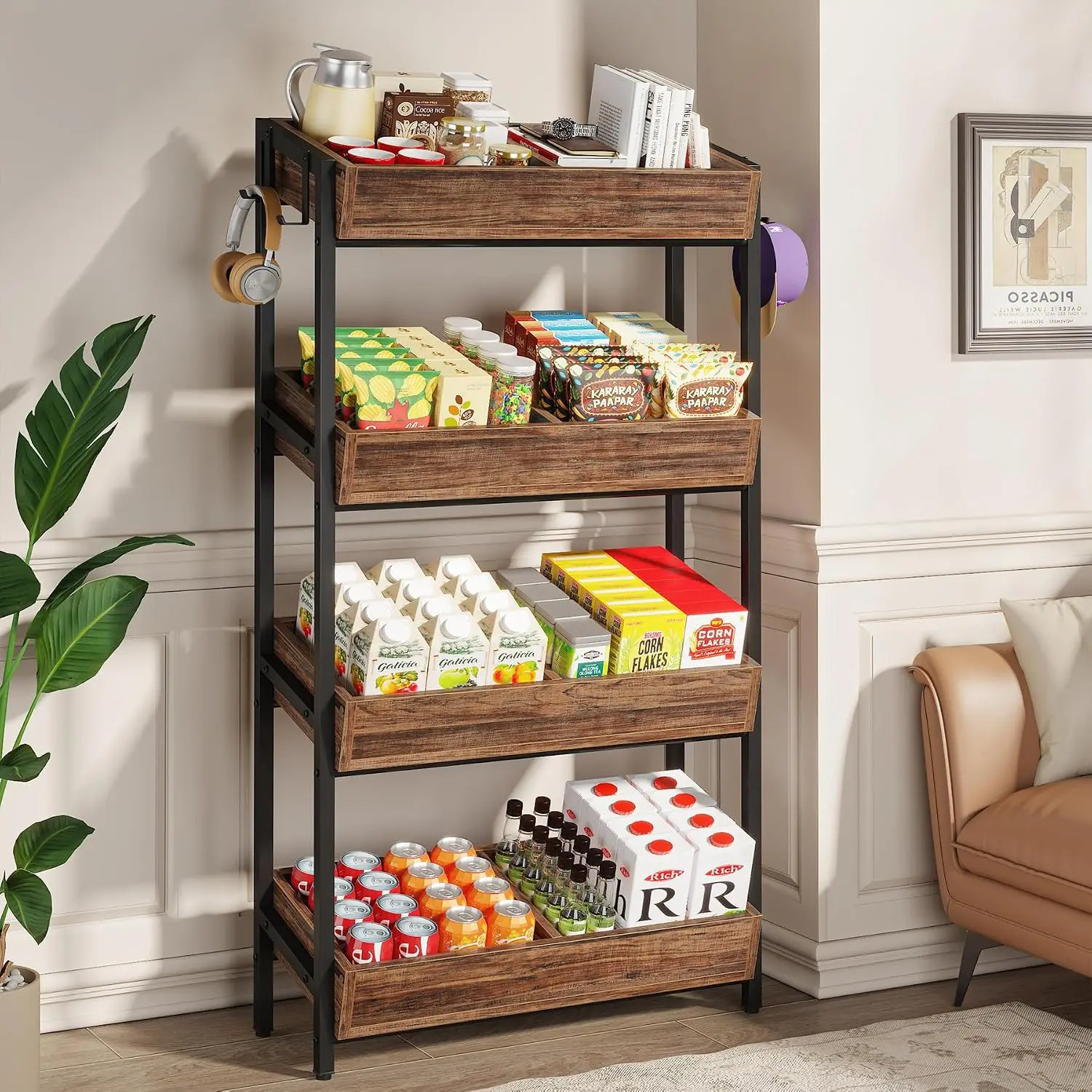 4-Tier Snack Display Shelf with 4 Hooks, Heavy-Duty Retail Rack for Store, Supermarket & Kitchen – Engineered Wood & Metal, 400 lb Capacity