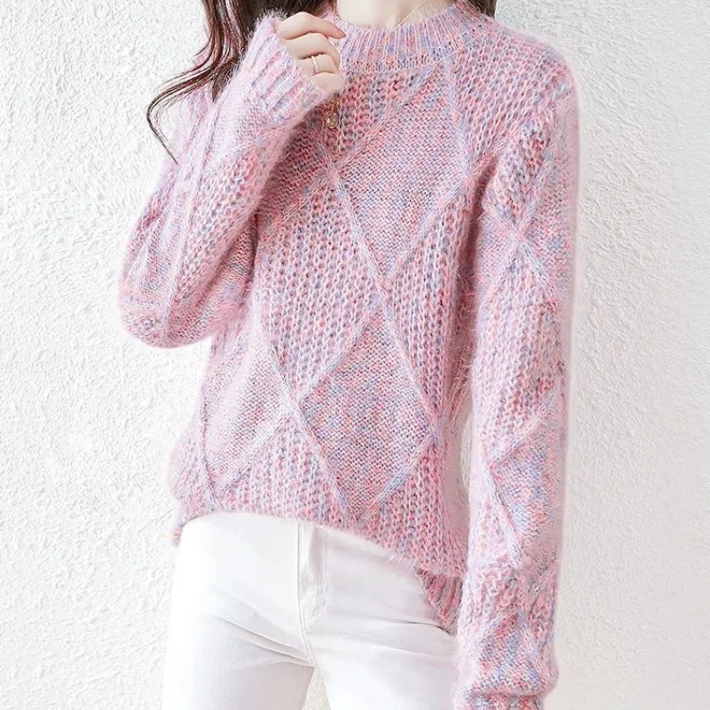 Flattering Women's Clothing Round Neck Autumn Winter Contrast Color Lantern Long Sleeve Pullover Sweater Knitted All-match Tops