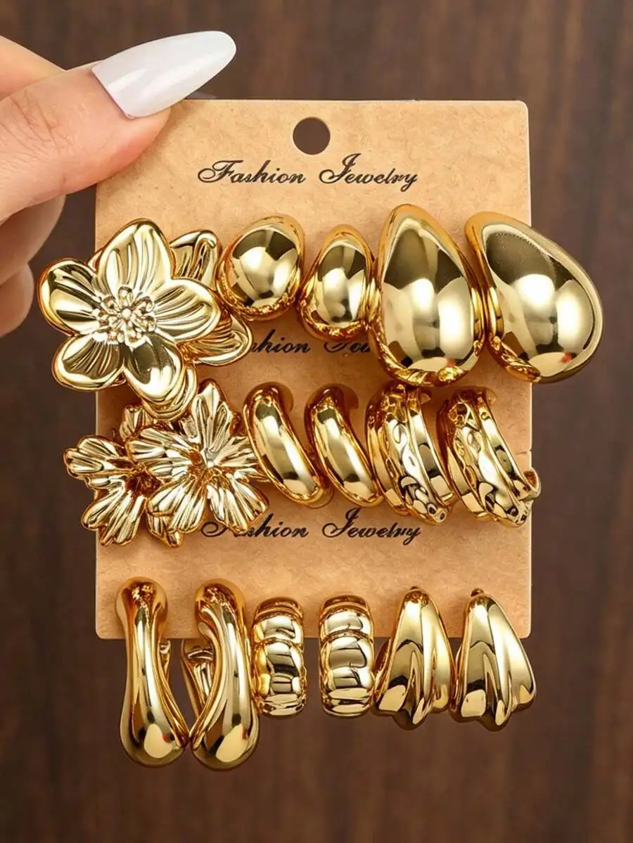 3/9 Paar Set Anmutige C-förmige Ohrringe aus Metall mit Blumenmuster – Schickes Accessoire für den Alltag, Verabredungen und Partys. – Detail 1