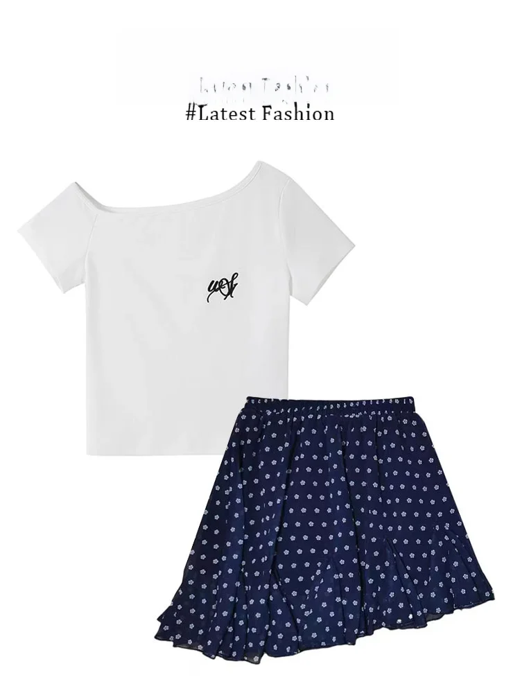 

Korean Style Casual Small Size Floral Print Shoulder Bared Short Sleeve T-Shirt And Skirt Two Piece Set for Women