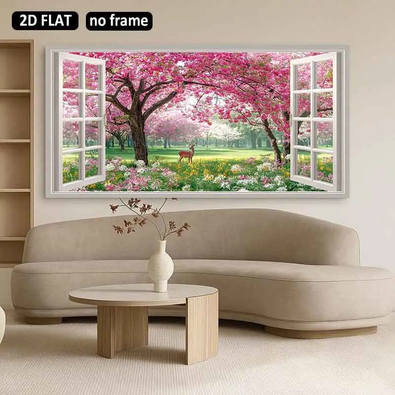 [2D Flat]1pc 23.6X47.2in 60cmX120cm UnFramed Modern Art Decoration Cherry Blossom Garden Scene