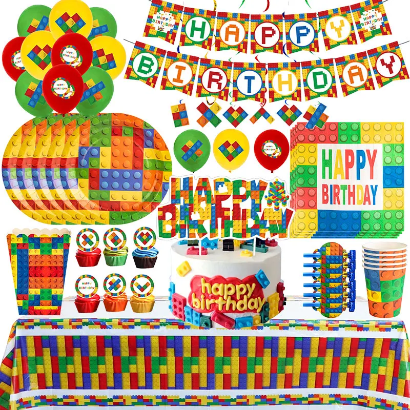 Building Blocks Birthday Party Decoration Tableware Cup Plate Tablecloth Balloons Banner Backdrop Papa Circle Kid Party Supplies - view 2
