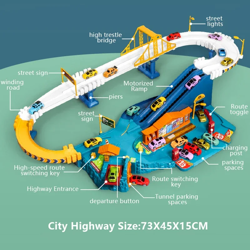 Elektryczna tor wyścigowa dla dzieci, parking wyścigowy, tor wyścigowy na szynach, mini samochody, metalowy garaż, prezenty świąteczne, urodzinowe, zabawka edukacyjna dla dzieci.