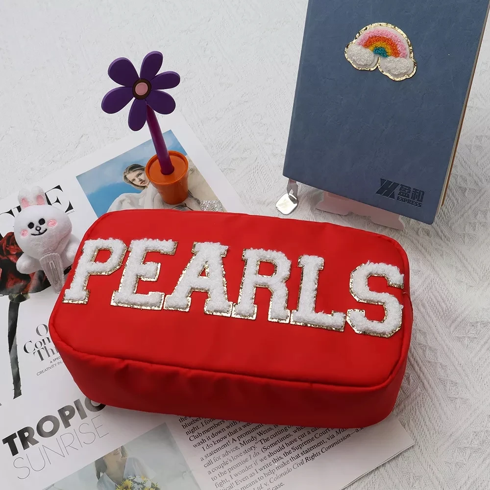 Customize DIY Letters Patch Heart Pearl Rhinestone Nylon Durable Waterproof Pouch Makeup Case Nylon Travel Cosmetic Bag