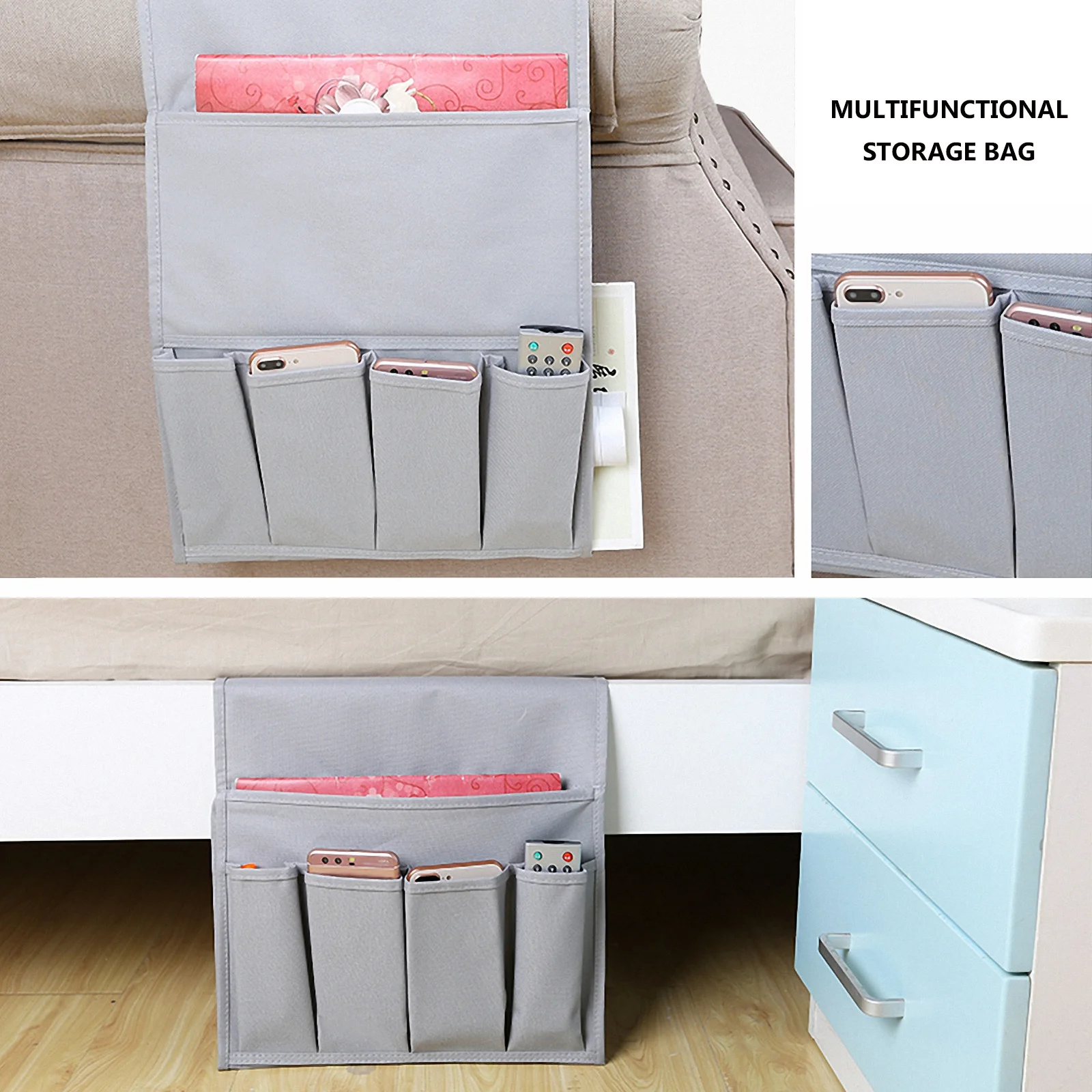 

1Pcs Bedside Storage Bag Oxford Cloth Multi-Pocket Design Washable Organizer for Sofa Armrest Chair Side Home Office Dorm Use