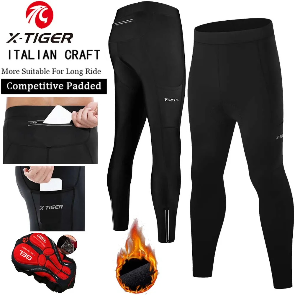 

X-TIGER Winter Cycling Pants with Back Pocket 5D Gel Padded Men Fleece Sports Warm Long Pants MTB Road Ski Motorcycle Bike Pants