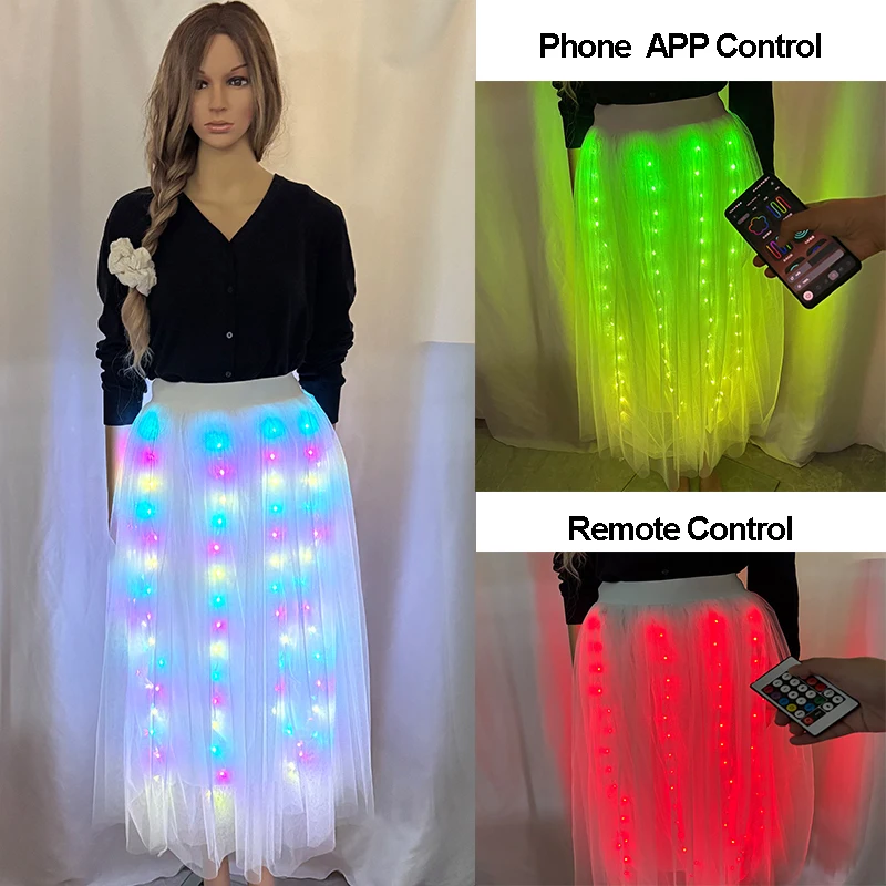 Colorful Neon Light Dancing Skirt White Mesh Skirt Girls Women Performance Costumes Dress Clothes Remote App Control Color Modes