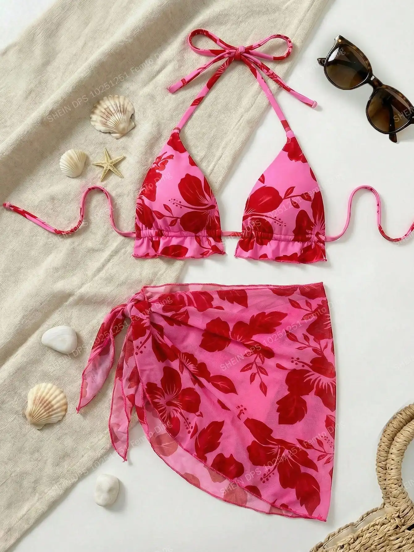

Vibrant Red Floral Halter Top Bikini With Tie-Waist Cover-Up Skirt Three-Piece Swimwear Set