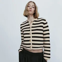 Ethereal MD 2024 women's spring new style of Classic casual little fragrance with slim striped knit short coat