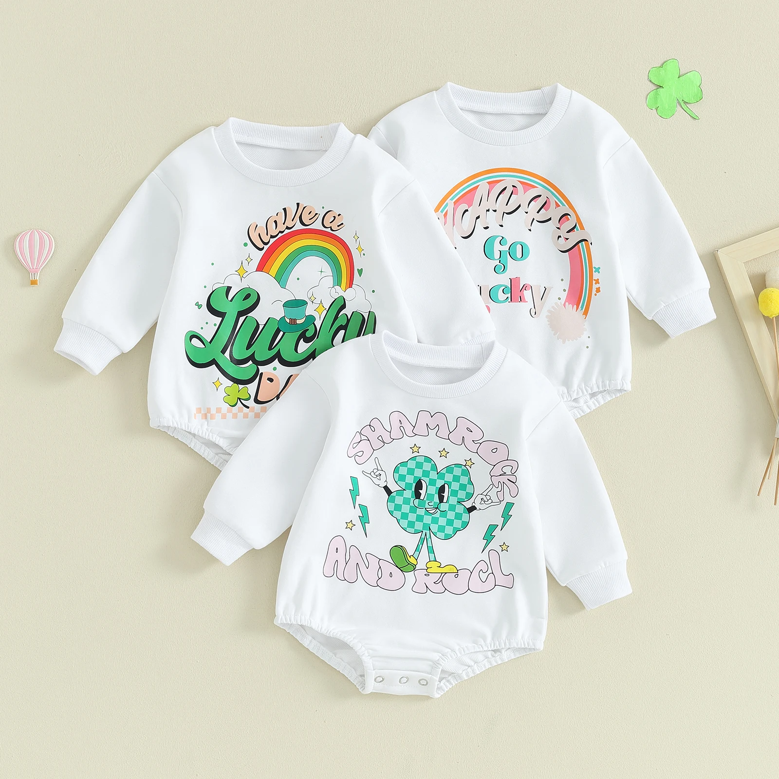 

Baby Girls Irish Day Romper Long Sleeve Letter Clover Rainbow Print Sweatshirt Bodysuits Jumpsuits St Patricks Day Outfits