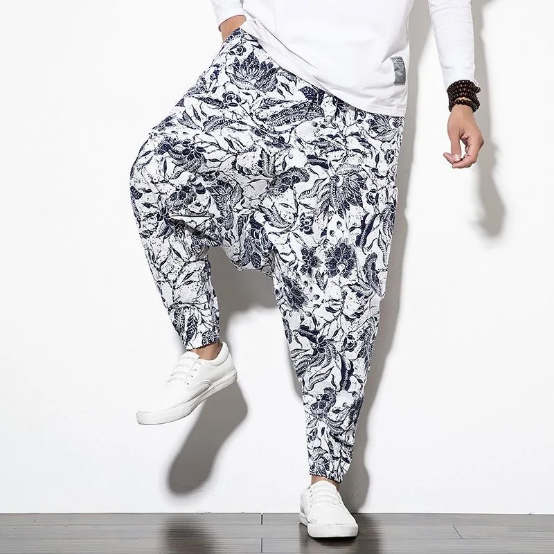 Men City Boy Y2K Ins Chic Ethnic Drop Crotch Pants Male Print Beach Holiday Vacation Tropical Goggers Party Nightclub Pantalons