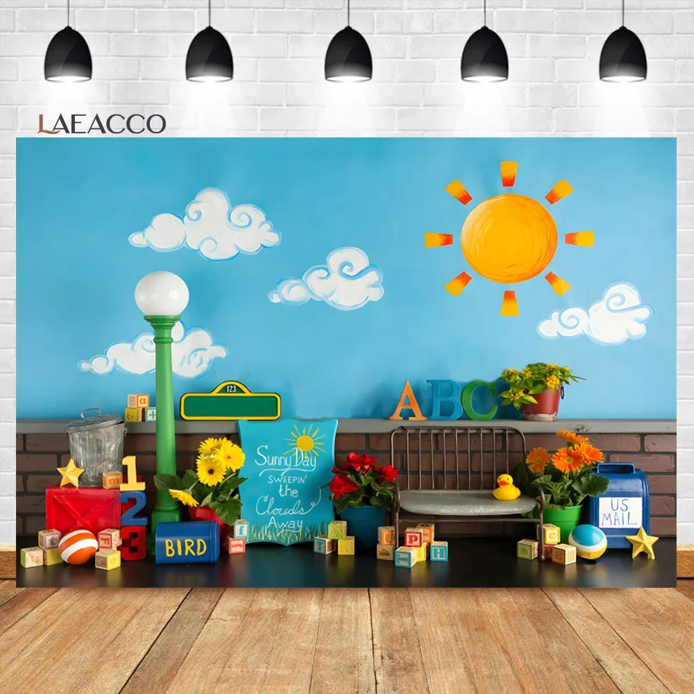 Laeacco Summer Hawaii Kids Playground Photography Background Cartoon White Cloud Blue Sky Newborn Child Art Portrait Backdrop