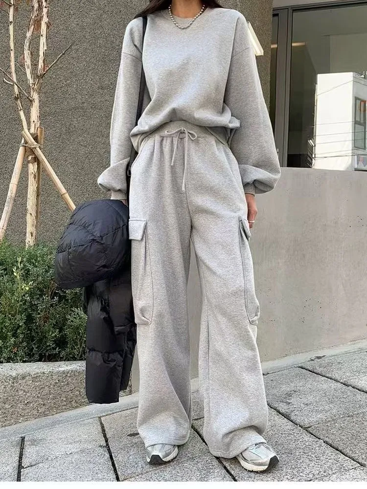 

Simple round Neck Sweatshirt Jacket Women's Loose Slimming Waist Drawstring Pockets Patchwork Casual Long Pants Set