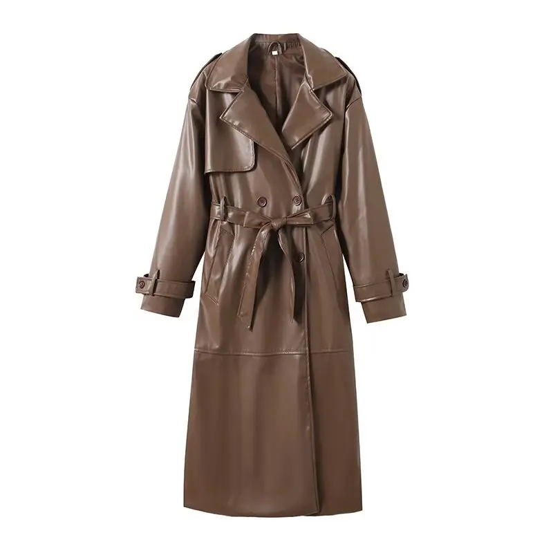 

Women's new fashion With Belt long style double breasted faux leather windbreaker Coat retro long sleeved women's Coat chic top
