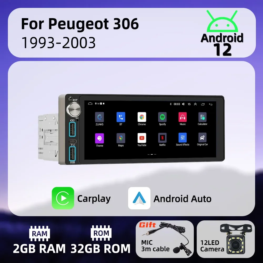 

Автомобильный мультимедийный авторадио Carplay, 1 Din радио, Android для Peugeot 306, 1993-2003, 6,86 дюйма, стерео головное устройство, GPS-навигация