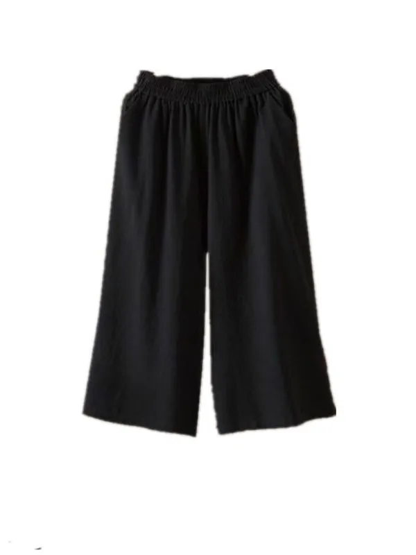 Coton lin taille élastique ample mince grande taille pantalons décontractés taille haute minceur sept-quarts longueur femmes Faion