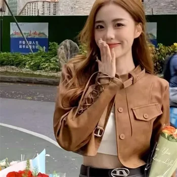 Retro tatlı ve serin tarzı kısa deri ceket kadın bahar yeni kore İnce çok yönlü motosiklet kayış PU deri ceket trendi