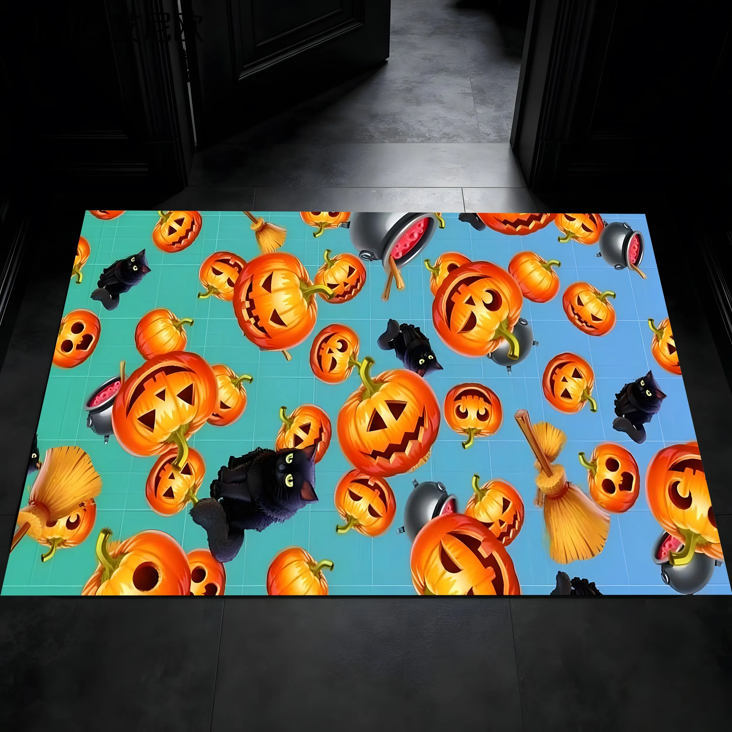 Velvet Halloween Pumpkin Black Cat Quirky 2D Rug for Living Room, Bedroom and Party, Warm Cozy
