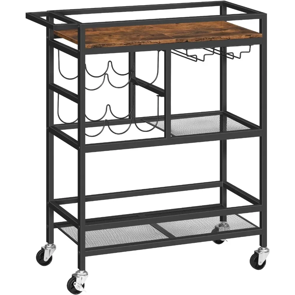 Bar trolley, 3-tier service trolley with wheels and handles, wine cart with wine rack, glass rack and restaurant roll-off