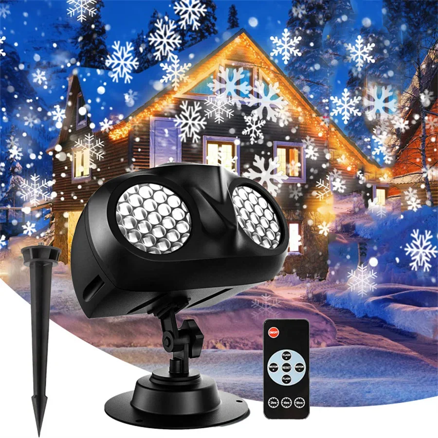 double head christmas snowfall projector light lampada do projetor do floco de neve holiday party ao ar livre rotating falling snow spotlight 01