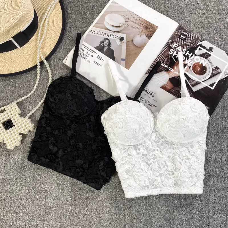 Tank Tops Women 2025 Lace Patchwork Tanks For Woman Spaghetti Strap 3D Folds Sexy Camis Female Korean Fashion ins Hot Dropship