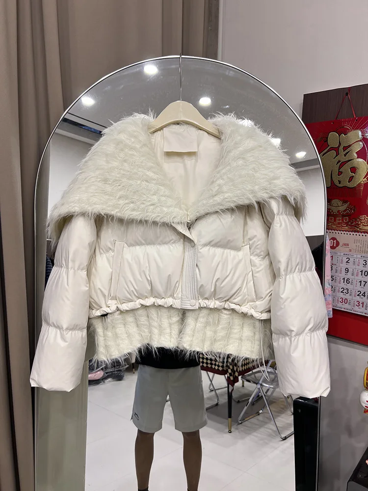 

Korean version 2025 winter new down jacket fur splicing women's short style lapel collar loose white duck down jacket