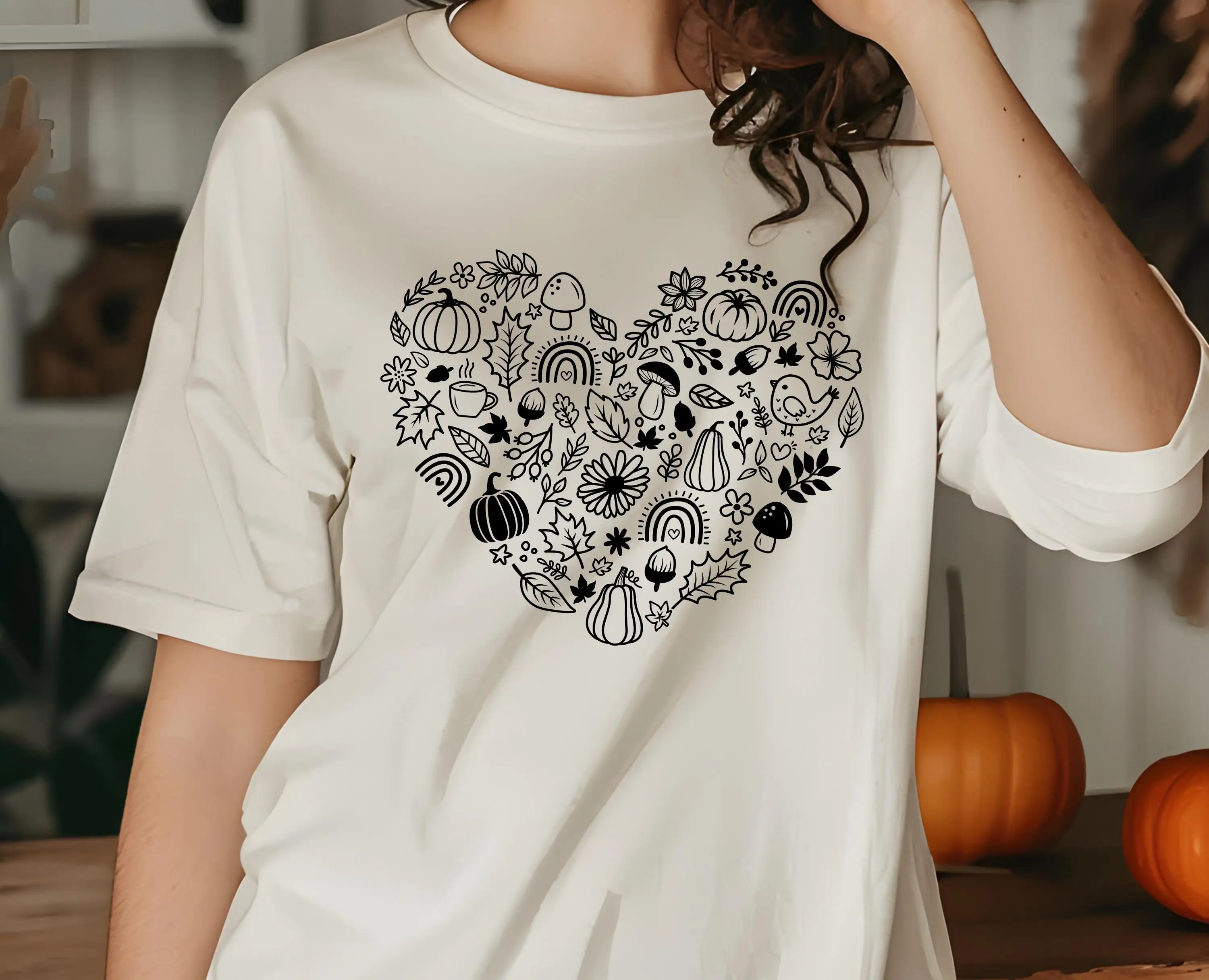 Fall Heart T Shirt Hello Cute Autumn Season Retro Vibes