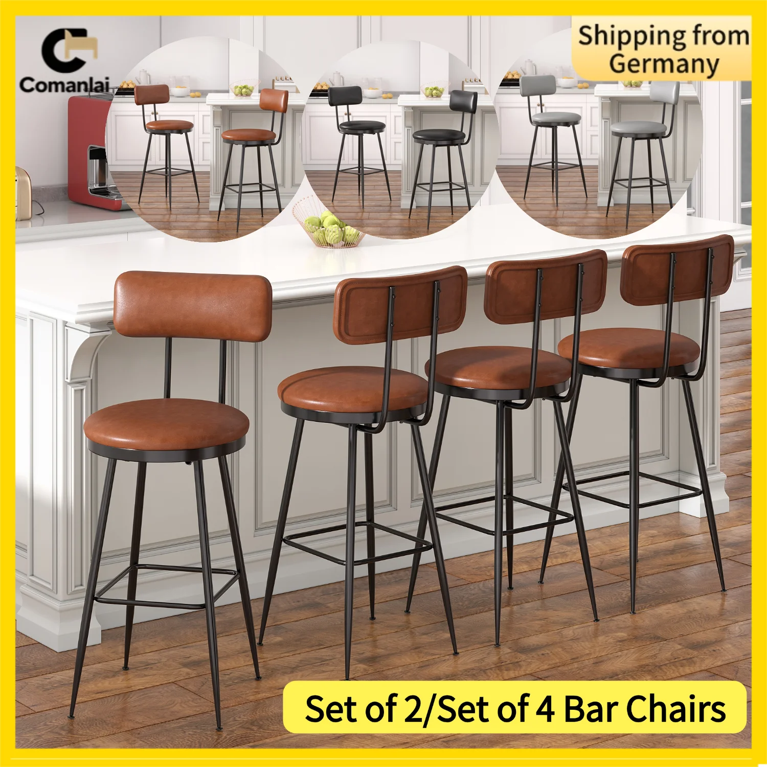 Conjunto Comanlai de 2/conjunto de 4 cadeiras de bar com encosto alto, bancos de bar com pernas de metal, cadeira alta para bar, cadeira de cozinha, couro PU