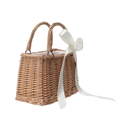 Cestino di fiori in Rattan Tote Bag portaoggetti decorativo Messenger naturale delicato cotone intrecciato piccola mano quadrata da donna