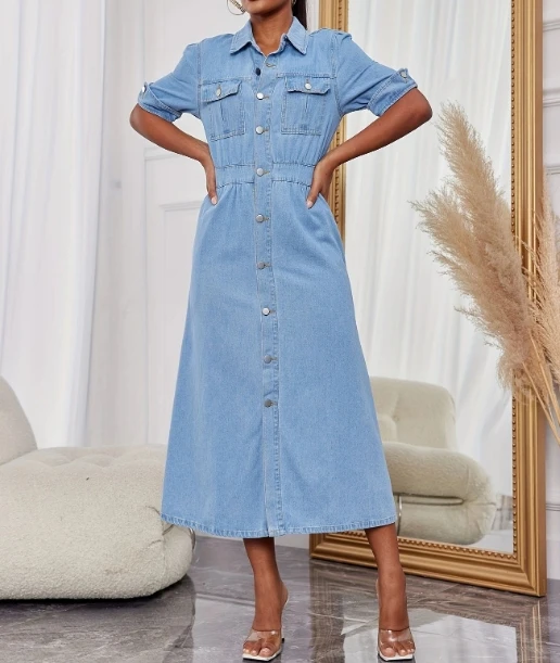 Women\'s Denim Dress 2024 Spring and Summer Casual Denim Polo Collar A-Line Short Sleeved Pocket Design Personalized Long Dress