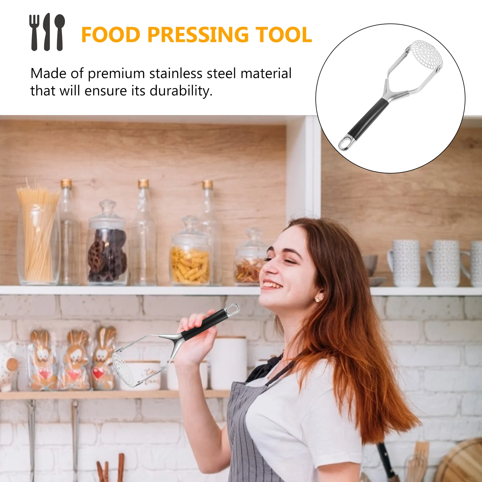 

1Pcs Stainless Steel Potato Masher Kitchen Gadget Non Slip Handle Easy Grip Fruit Vegetable Masher Practical Manual Food