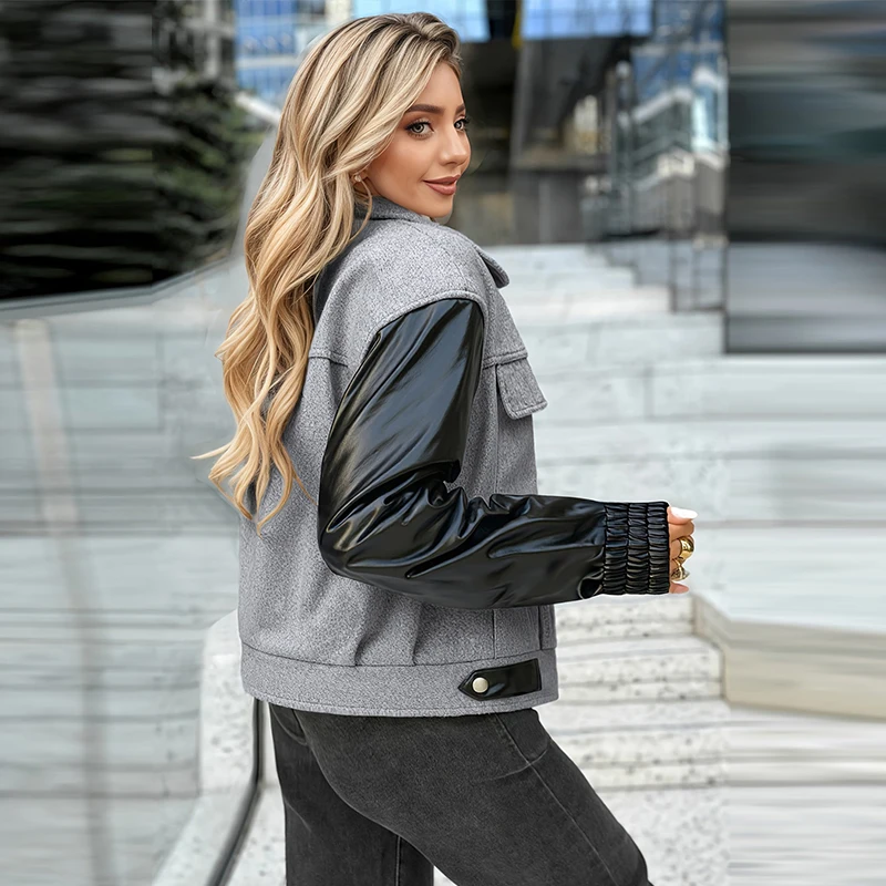 Kunstleder-Patchwork Wolljacken für Damen Street-Style Revers Langarm Reißverschluss Paneelierte Locker Sitzende Jacke Schicke Damen-Oberbekleidung Neu – Detail 9