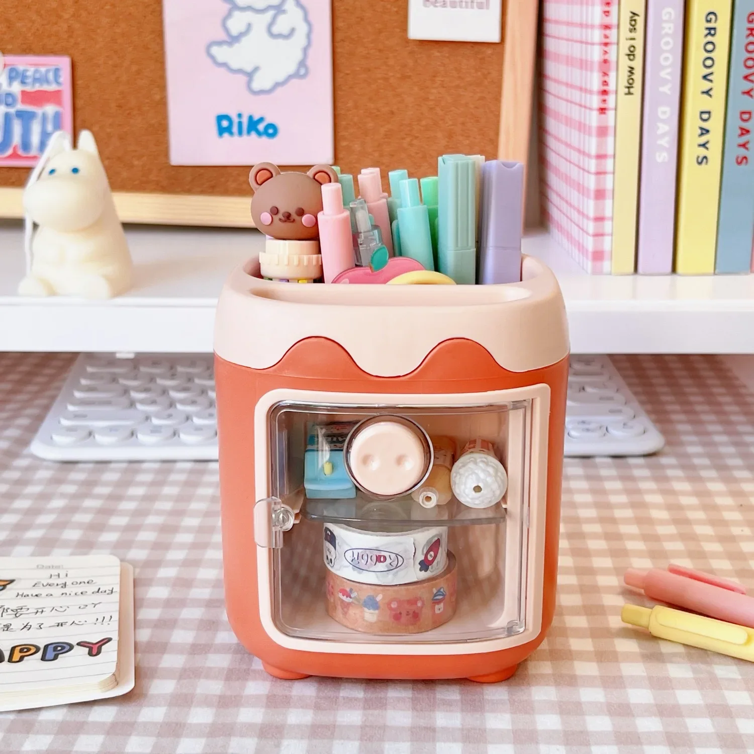 Imagem -03 - Lápis Pot Kawaii Pig Pen Titular Organizador de Mesa Fita Washi Multifunções Recipiente de Armazenamento de Escova Material de Papelaria de Escritório 1pc