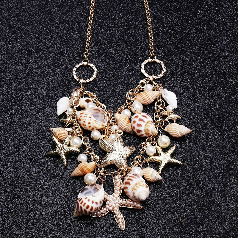 Aihua Böhmen Gold Farbe Imitation Perle Muschel Shell Seestern Halskette für Frauen Halsband Halskette Kragen Sommer Strand Schmuck – Detail 5