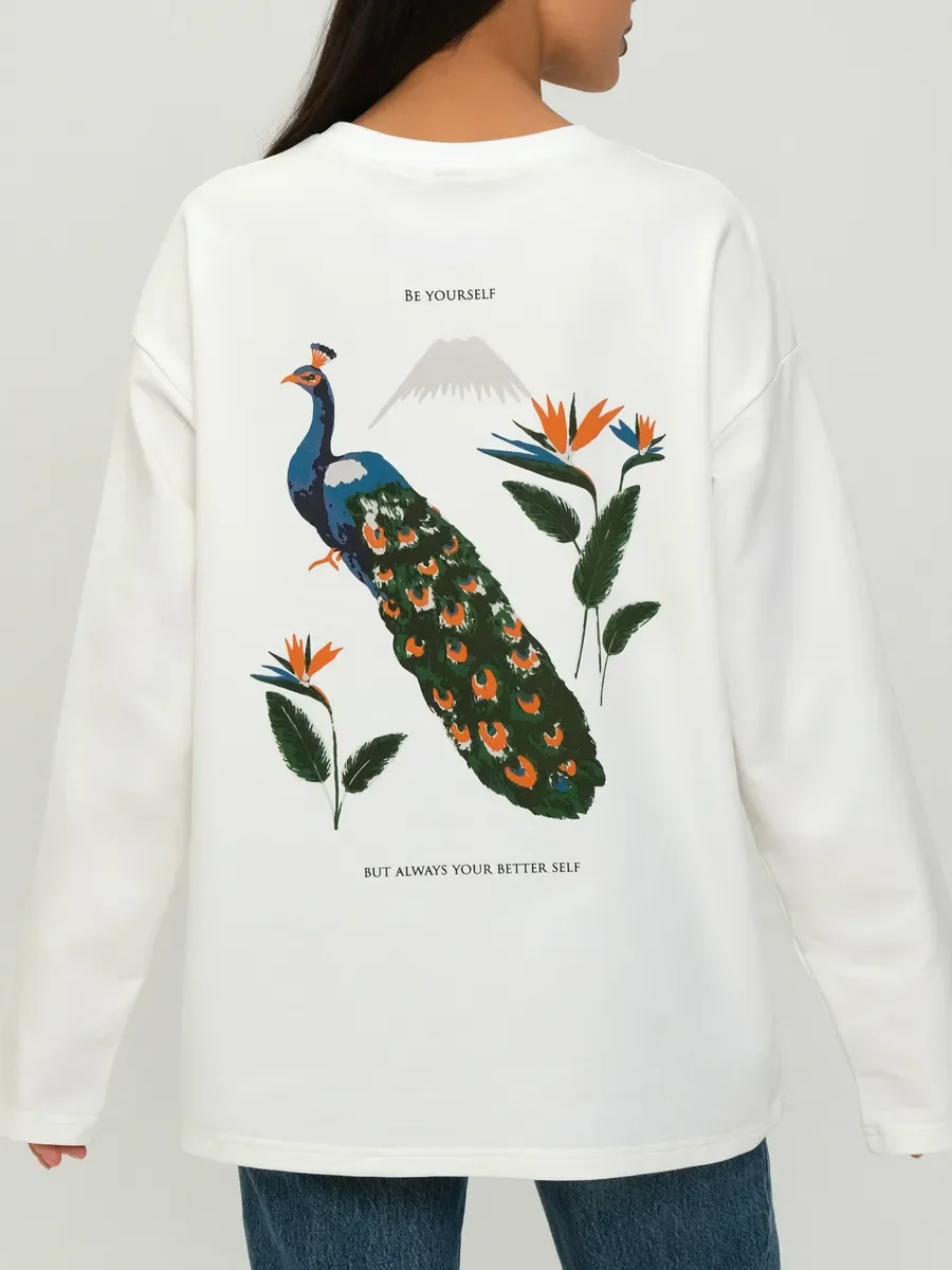 Women Casual Long Sleeve T Shirt 100% Cotton Vintage Peacock Flower Back Graphic Print Loose Basic Daily Commute Wear Top