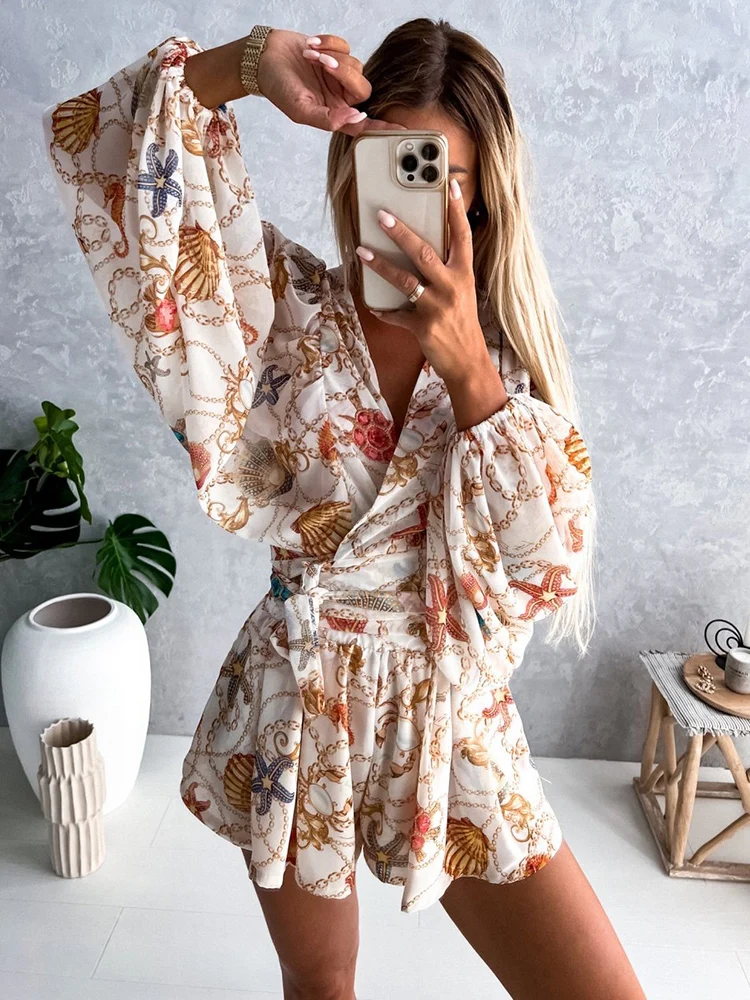 Summer Beach Women Loose Ruffled Shorts Romper Office Casual One Piece Playsuits Fashion Print V-neck Bandage Holiday Jumpsuit