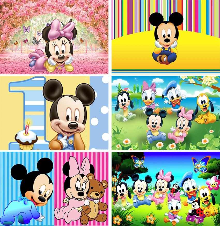 

Disney Cartoon Mickey Minnie Mouse Donald Duck Happy Birthday Backgrounds Decors Vinyl Cloth Party Backdrops Baby Shower Banner