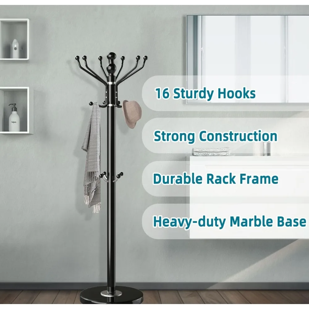 Coat Rack with Natural Marble Base, Metal Freestanding Coat Rack with 16 Hooks, Sturdy Coat Rack Stand for Hanging Scarf, Bag