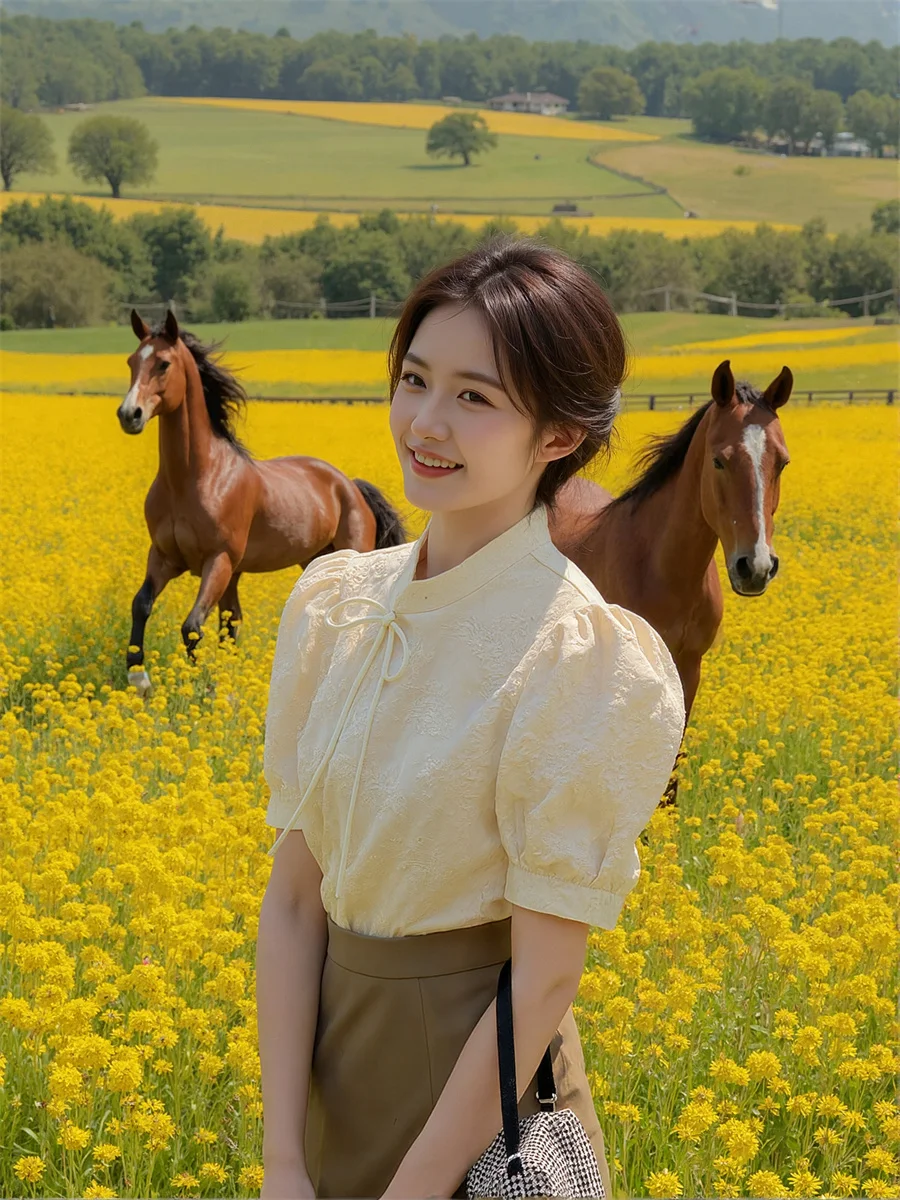 

Mandarin Collar Vintage Blouses Womens Crop Top Square Streetwear Kawaii Modern Cute Bandage Waist Inspired College