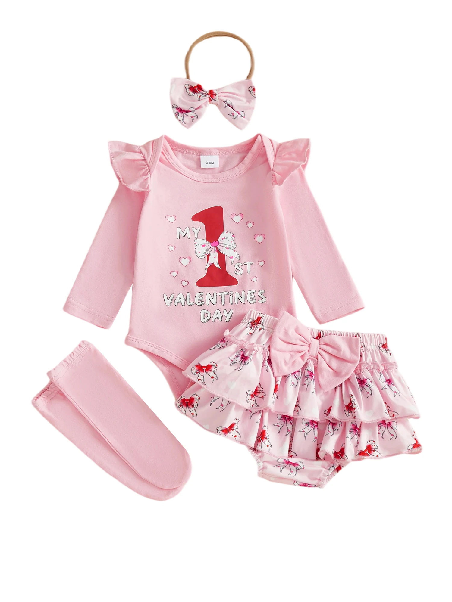 طفل رضيع ملابس عيد الحب الأول رسالة طويلة الأكمام جولة الرقبة رومبير القوس السراويل قبعة الجوارب الطويلة مجموعة