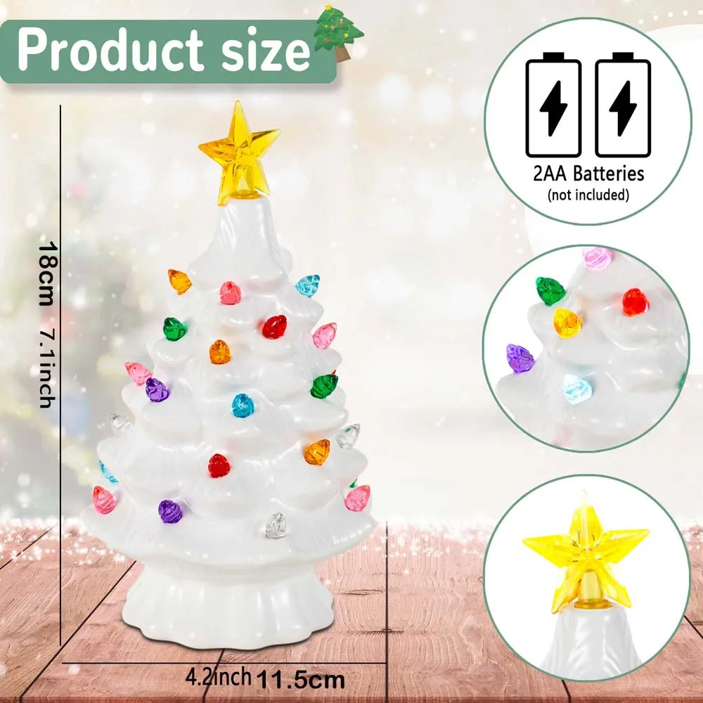 7 Inch Ceramic Christmas Village Decor Tree LED Topper Star Multicolored Lights Decorative Atmosphere Centerpiece Table Display