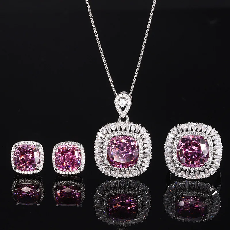 Retro Square Macrame 12*12mm Pink High Carbon Diamond Pendant Necklace Adjustable Ring for Women Jewelry Date Night Accessories