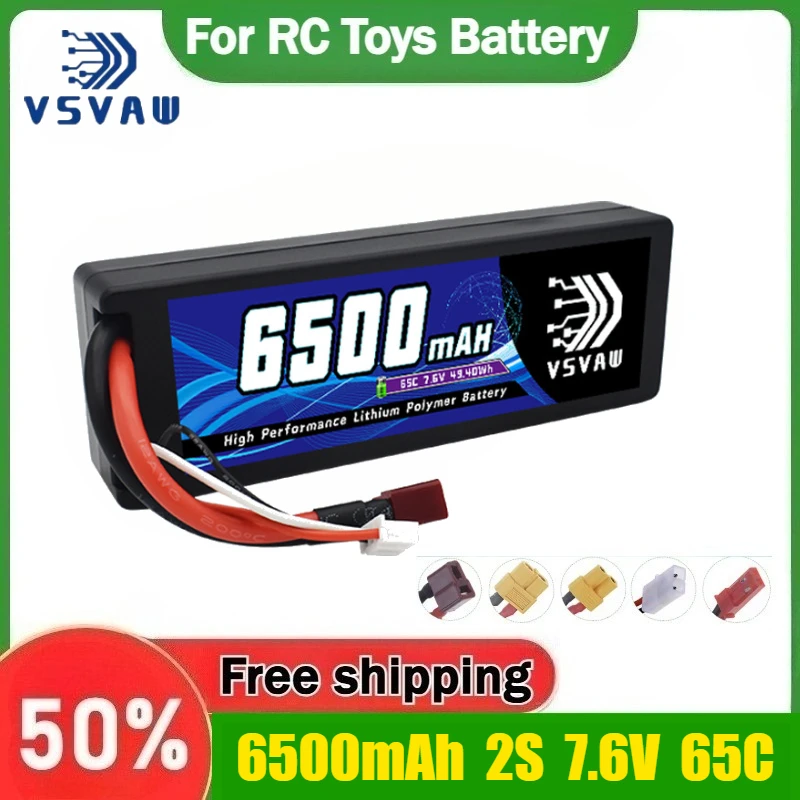 

VSVAW 6500mAh 2S 7.6V 65C Rechargeable Batteries for RC Remote Control Car, Truck, Helicopter, Racing Car Batteries