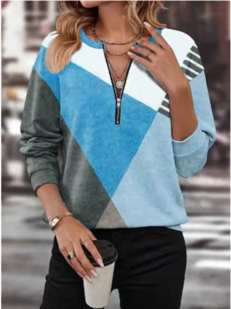Color Blocked Printed Long Sleeved Zipper V-neck Women\'s T-shirt High Street Fashion Elegant Commuting Style Autumn Top